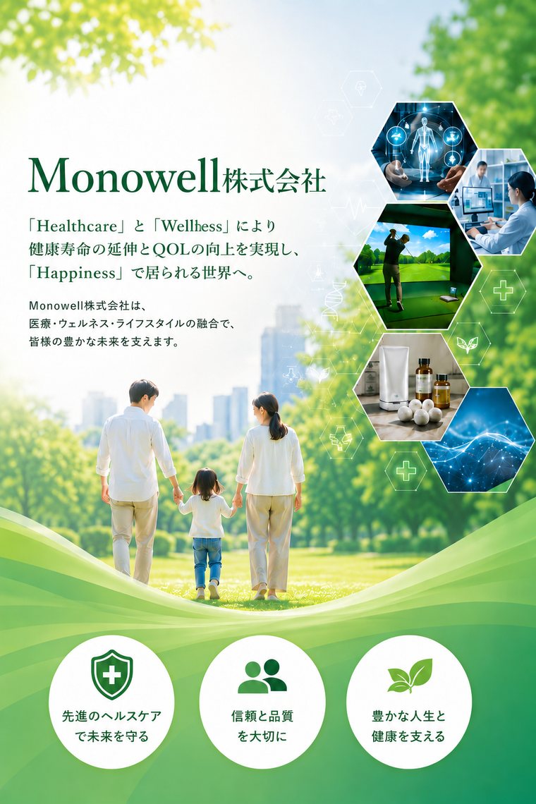 「Healthcare」と「Wellness」により健康寿命の延伸とQOLの向上を実現し、「Happiness」で居られる世界へ。Monowell株式会社は、医療・ウェルネス・ライフスタイルの融合で、皆様の豊かな未来を支えます。