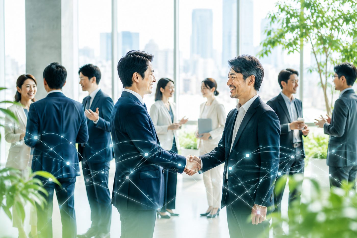交流会で握手を交わすビジネスパーソン