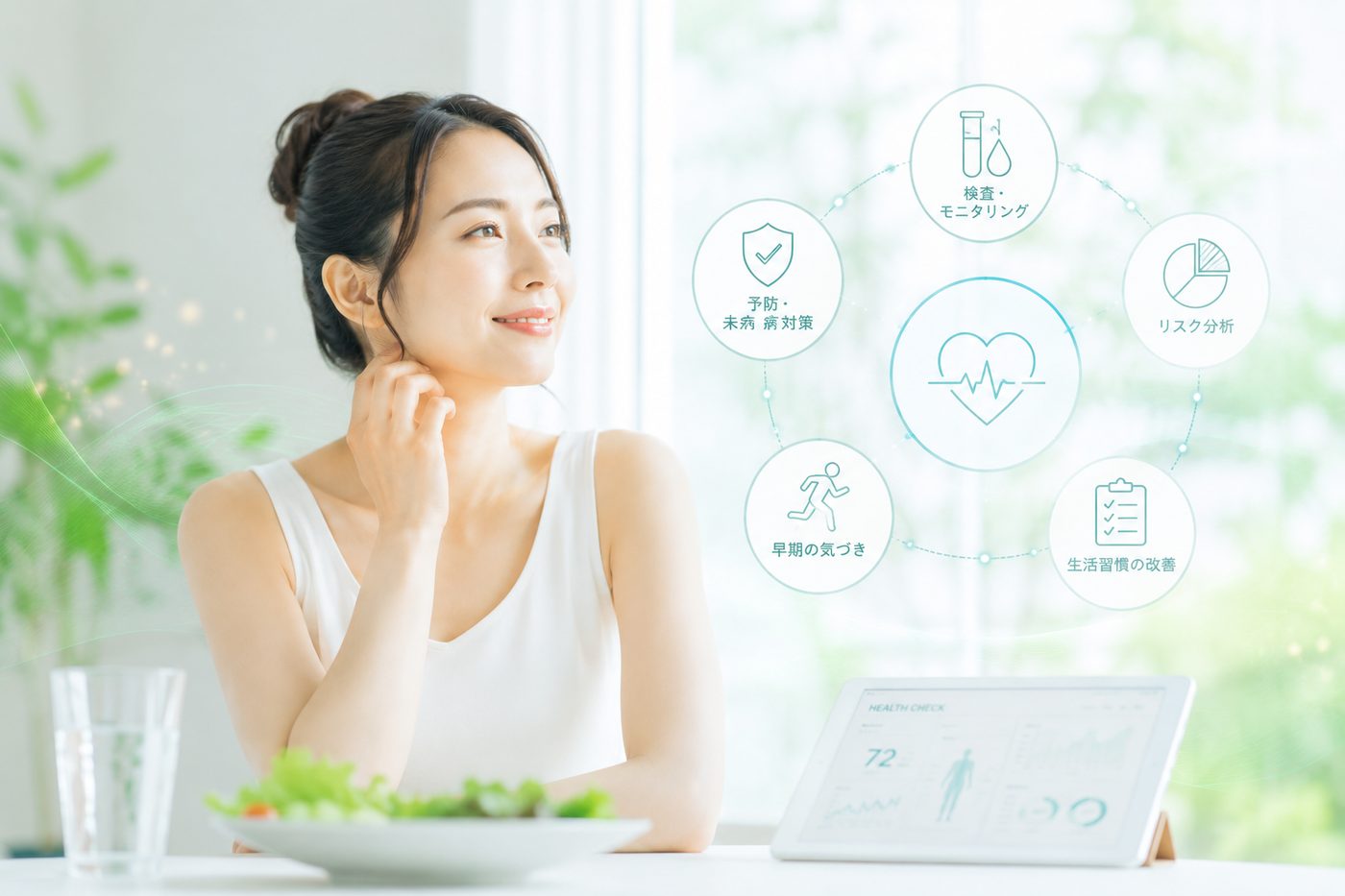 健康データを確認しながら日々の生活を整える女性